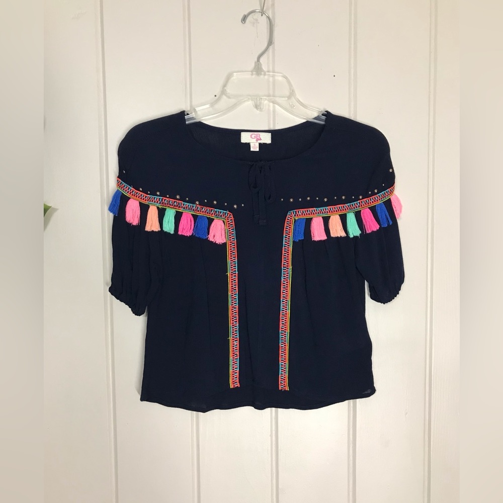 GB Girls SS Navy Blue Blouse w/ Multicolor Tassels & Stitching
5 / 6 XS Rayon